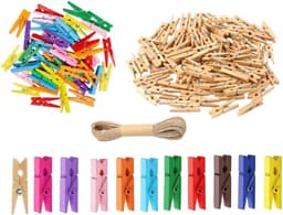 Houten Wasknijpers - Mini Clips - Decoratie Maken - Inclusief Touw Beugels - 100 Stuks - Meerkleurig — thumbnail 1