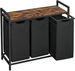 Innovastore Wasmand kast - Wasmand - Wasmand 3 vakken - Wassorteerder - Uitschuifbaar met plank - 114 liter - Zwart-Bruin — thumbnail 1