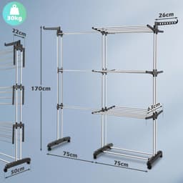 Droogrek toren met 4 etages en inklapbare vleugels - Uitschuifbaar van 75-150 cm, ruimtebesparend wasdroger met 360° draaibare wielen — thumbnail 2