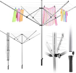KADAX Wäschespinne mit 50 Meter Wäscheleine, Wäscheständer aus rostfreiem Aluminium für Draußen, höhenverstellbare Wäscheschirm mit Bodenhülse für Garten — thumbnail 1