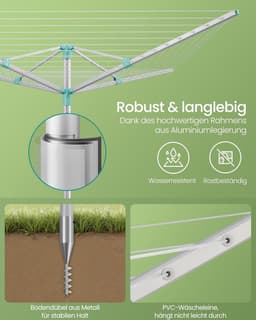 Furnstar Droogrek in hoogte verstelbaar 50 m waslijn voor 5 wasmachineladingen outdoor tuin met bodemhuls wasknijpers zilver-groen LLR301E01 — thumbnail 2