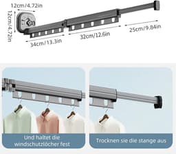 Opvouwbaar droogrek voor aan de muur - Kledingdroger met haken - Intrekbaar droogrek voor balkon - Wasmachine droogrek - Voor keuken badkamer slaapkamer — thumbnail 4