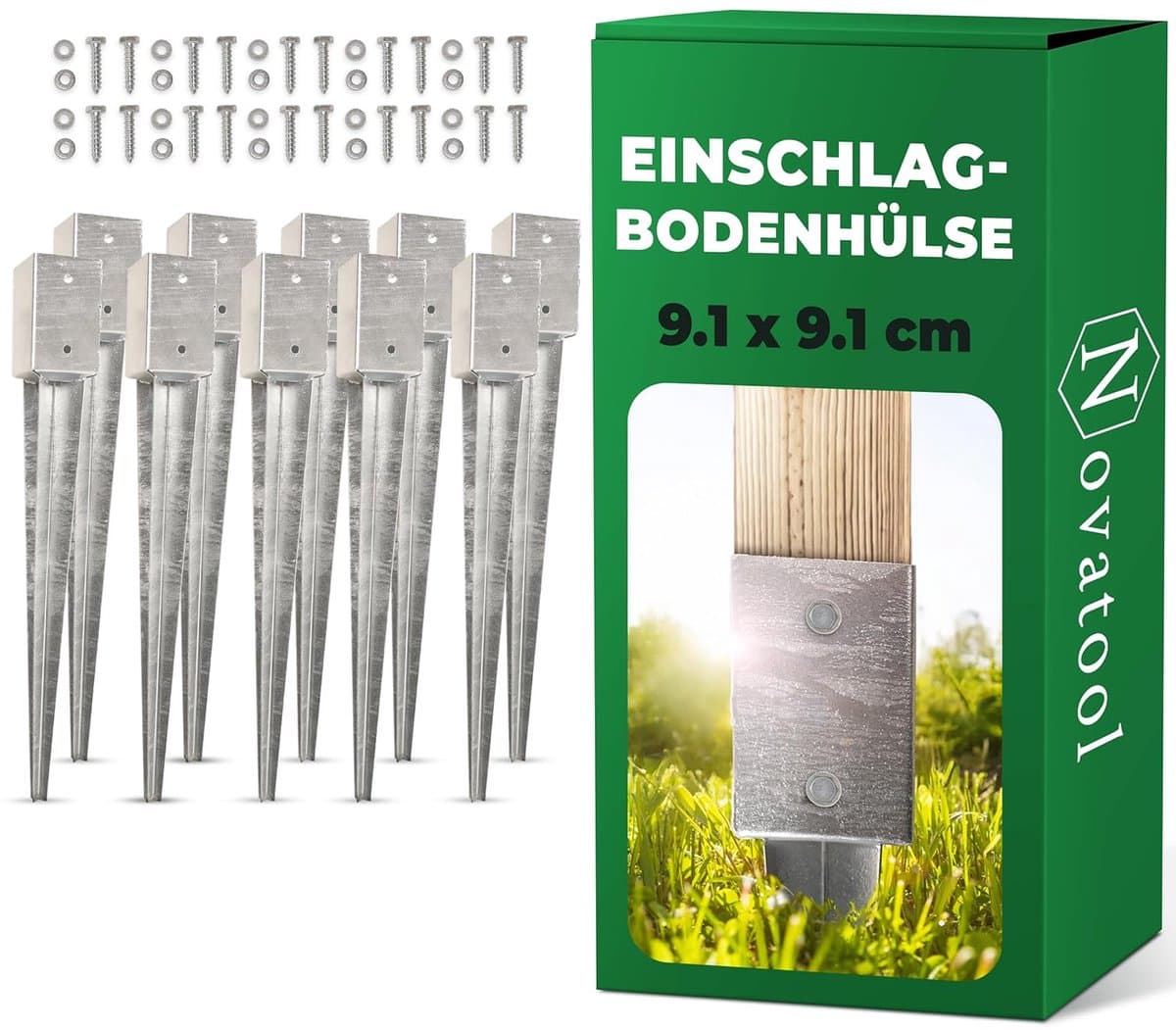 Novatool 10x Grondhulsset 91x91x750mm grondhuls parasolpaalsteun schuttingpaal houten paal grondhulzen grondanker grondpen om in te slaan, verzinkt, met schroeven — afbeelding 1