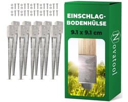 Novatool 10x Grondhulsset 91x91x750mm grondhuls parasolpaalsteun schuttingpaal houten paal grondhulzen grondanker grondpen om in te slaan, verzinkt, met schroeven