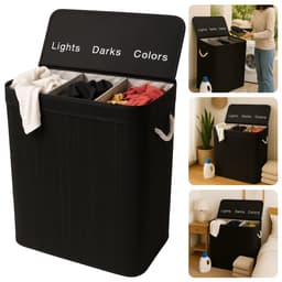 Cheqo® Wasmand 3 Vakken - Wassorteerder - Bamboe Materiaal - Zwart Design - 100 Liter Inhoud - Licht Donker Kleur - Makkelijk Te Monteren - Geen Gereedschap Nodig - Wasbare Binnenzak - Wasgoed Organizer — thumbnail 1