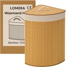 Lomera Bamboe Wasmand - Hoekmodel Wasmand - 72 Liter Capaciteit - Opvouwbare Wasmand - Naturel Kleur - Met Deksel - Waszak Inbegrepen - Verstevigde Metalen Ring - Uitneembare Zak - Wasbare Binnenzak - Driehoekig Ontwerp — thumbnail 3