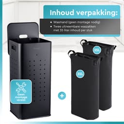 Rilenta Wasmand 2 Vakken 70L - Metalen Wassorteerder met Deksel - 2 Uitneembare Waszakken 35L - Smalle Wasmand - Zwart — thumbnail 5