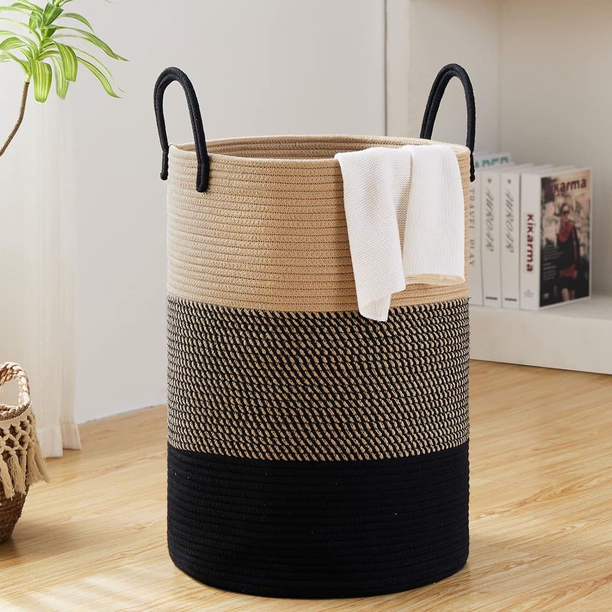 CHIWIN Wasmand Opvouwbaar Katoen - Ronde Wasmand met Hengsel - Wasbox Handgeweven 56L - Wassorteerder - Multifunctioneel Opbergmand - Ademend materiaal — afbeelding 1
