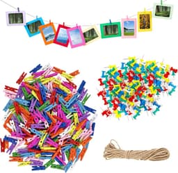 250 Mini Houten Knijpers Gekleurd met Jute Touw en Punaises voor Foto Klemmen en Knutselen — thumbnail 1