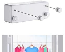 Uitschuifbare waslijn - Wasdrooglijn - Draagbare waslijn - Wandmontage - Dubbel touw - Geen boren nodig - Touwlengte 4,2 m - 24*8,8*5,7 cm - Inclusief schroeven en lijm - Geschikt voor balkons, wasruimtes, hotels, etc. - Wit