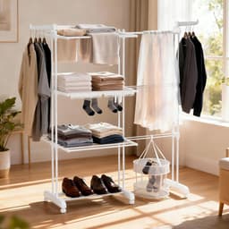 Soontrans Metalen Wasrek Met Wielen – Inklapbaar & Uitschuifbaar, 3 Verdiepingen Droogtoren 66x50x170cm, Multifunctioneel Voor Binnen/Buiten/Balkon, Stevig en Langleven, Inclusief 2 Sokkenclips en 1 Dubbellaagse Droogmand (Wit) — thumbnail 1