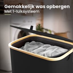 Nince Wasmand - 1 Vak - 100L - Met Deksel - Wassorteerder - Uitneembare Waszakken - Bamboe - Opvouwbaar - Zwart — thumbnail 4