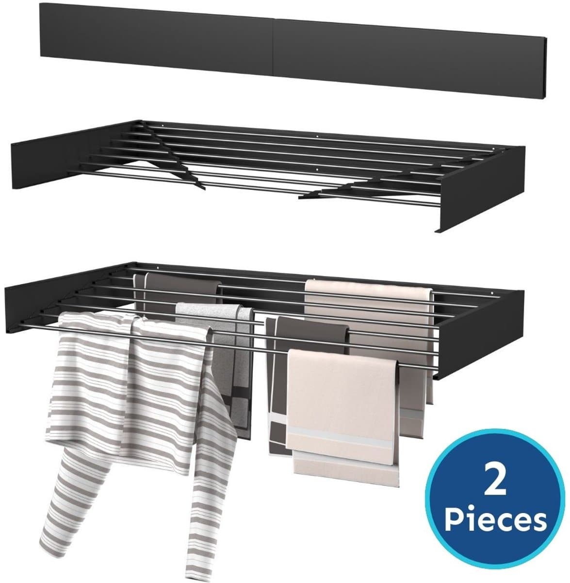 Wasophoogte® Wanddroogrek - Wandmontage Droogrek - Inklapbaar Droogrek - Muurdroogrek - Wasrek hangend - 120cm - 8,4m Drooglengte - Zwart - 2 STUKS — afbeelding 1
