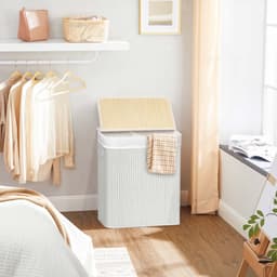 Wasmand Vuile wasmand met deksel,51,5 x 31,5 x 60,5 cm, wit, uitneembare voering, katoenen handgrepen en 2 vakken, 100 liter opslagcapaciteit, geschikt voor wasruimte en slaapkamer, — thumbnail 4