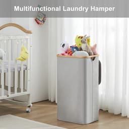 Wasmand 85 liter opvouwbaar met deksel en waszak, bamboe hout, smal design, grijze wasverzamelaar. — thumbnail 2