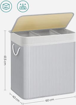 Songmics - Wasmand met 3 compartimenten - 150 liter - van bamboe - 62x40x61.5 cm - grijs — thumbnail 2
