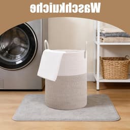 Gevlochten wasmand met handvat, ronde opbergmand voor dekens en speelgoed, 38 x 50 cm, ideaal voor woonkamer of wasruimte (wit-bruin) — thumbnail 5