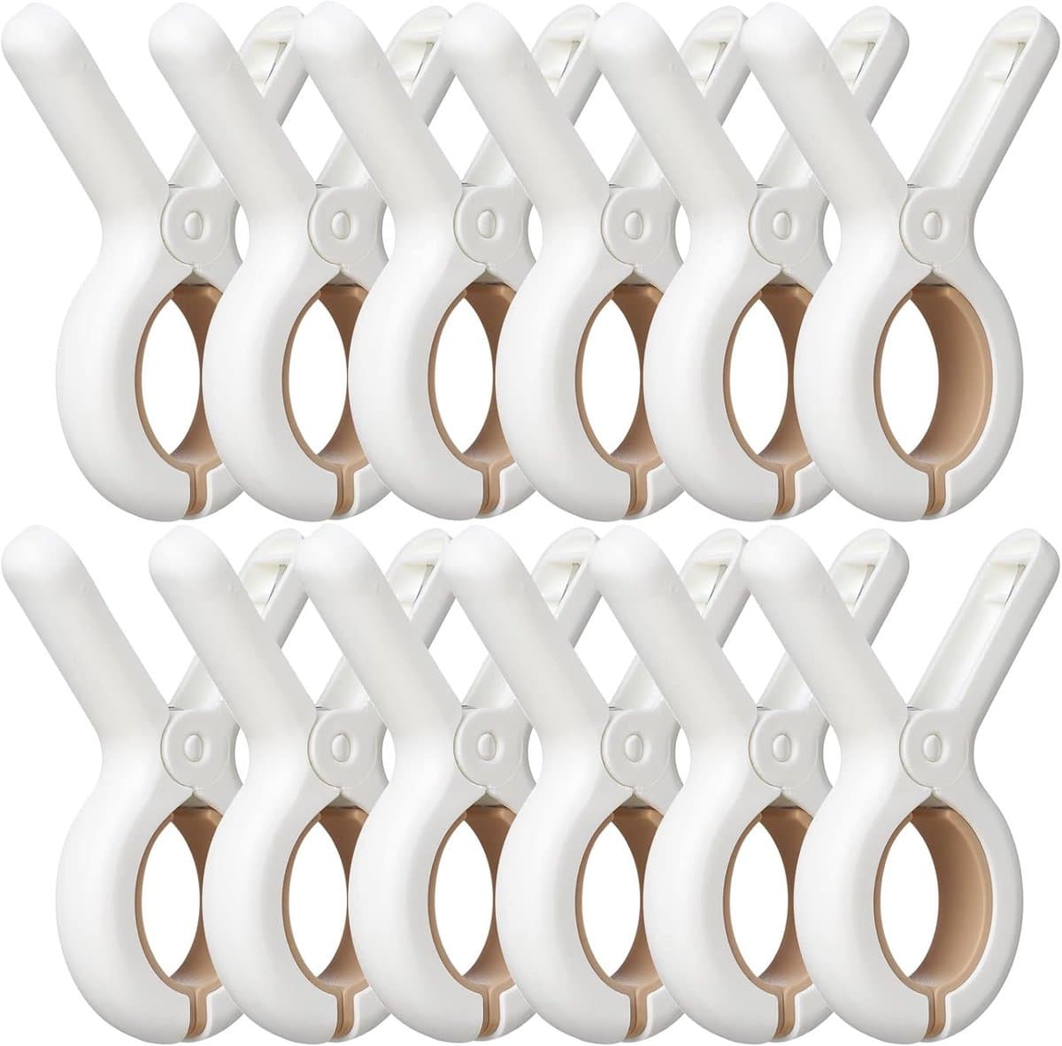 Wasknijpers - 12 Stuks - Knijpers - Kunststof - Strandlaken Knijpers - Badlaken Clips - Handdoekklemmen - Handdoekklemmen Voor Strandligstoelen - Winddicht - Clips voor Strandlaken, Beddengoed En Dikke Kleding - 9.5*7cm - Wit en kaki — afbeelding 1