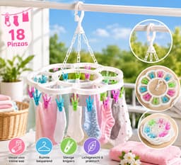 Hangende Waslijn met 18 Wasknijpers – Droogcarrousel voor Sokken, Ondergoed en Babykleding – Wit – Ø 33 cm – Ruimtebesparend Droogrek — thumbnail 4