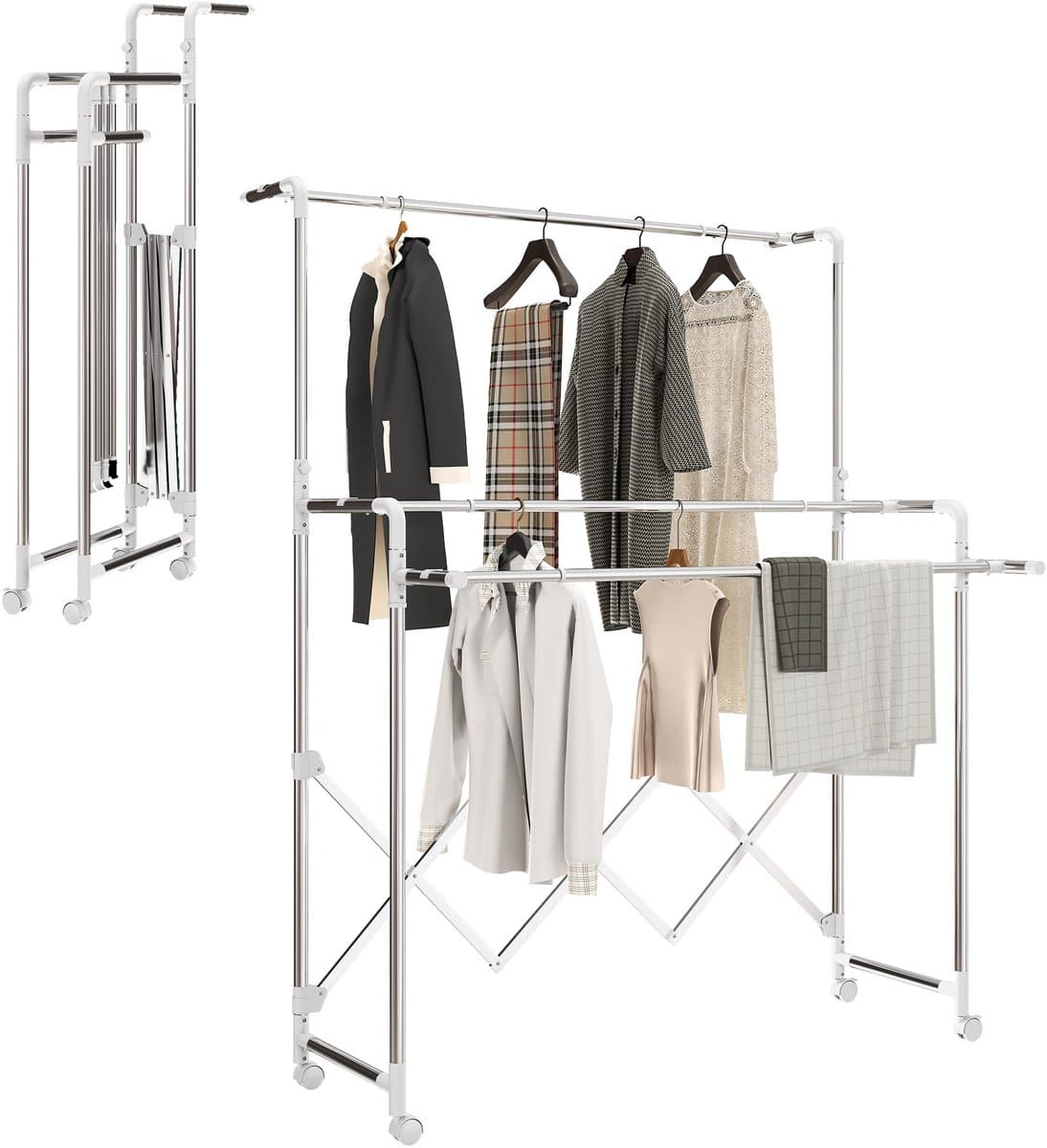 Droogrek opvouwbaar binnen met 3 verstelbare stangen en 4 wieltjes 104-150 x 103 x 145-197 cm zilver — afbeelding 1