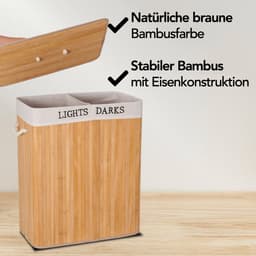 Wasmand met Deksel XL - Bamboe - 2 Vakken Was Sorter - 100L - Met Handgrepen en Wasbare Waszakken - Naturel Bruin — thumbnail 5