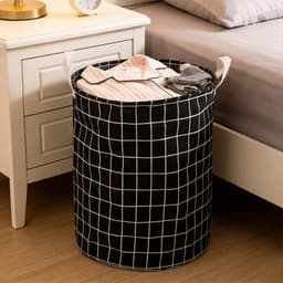 1 stuk - Wasmand - Katoen/linnen wasmand - Opbergemmer - Opbergtas - Opvouwbaar - Katoen/linnen materiaal - Waterdicht - Geschikt voor het opbergen van vuile kleding, speelgoed en huishoudelijke artikelen - 43*35 cm - Zwart raster — thumbnail 4