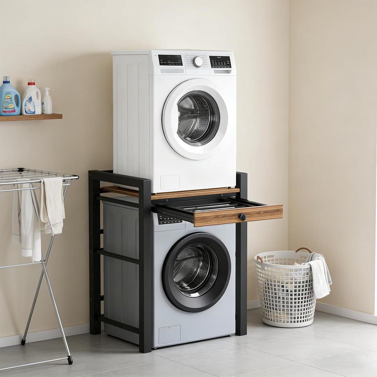 Wasmachine Verhoger - Droogkast Kast - Ruimte Besparen - Sterke Staalconstructie - 65x61.5x100.5 cm - Zwart Met Lades — afbeelding 1