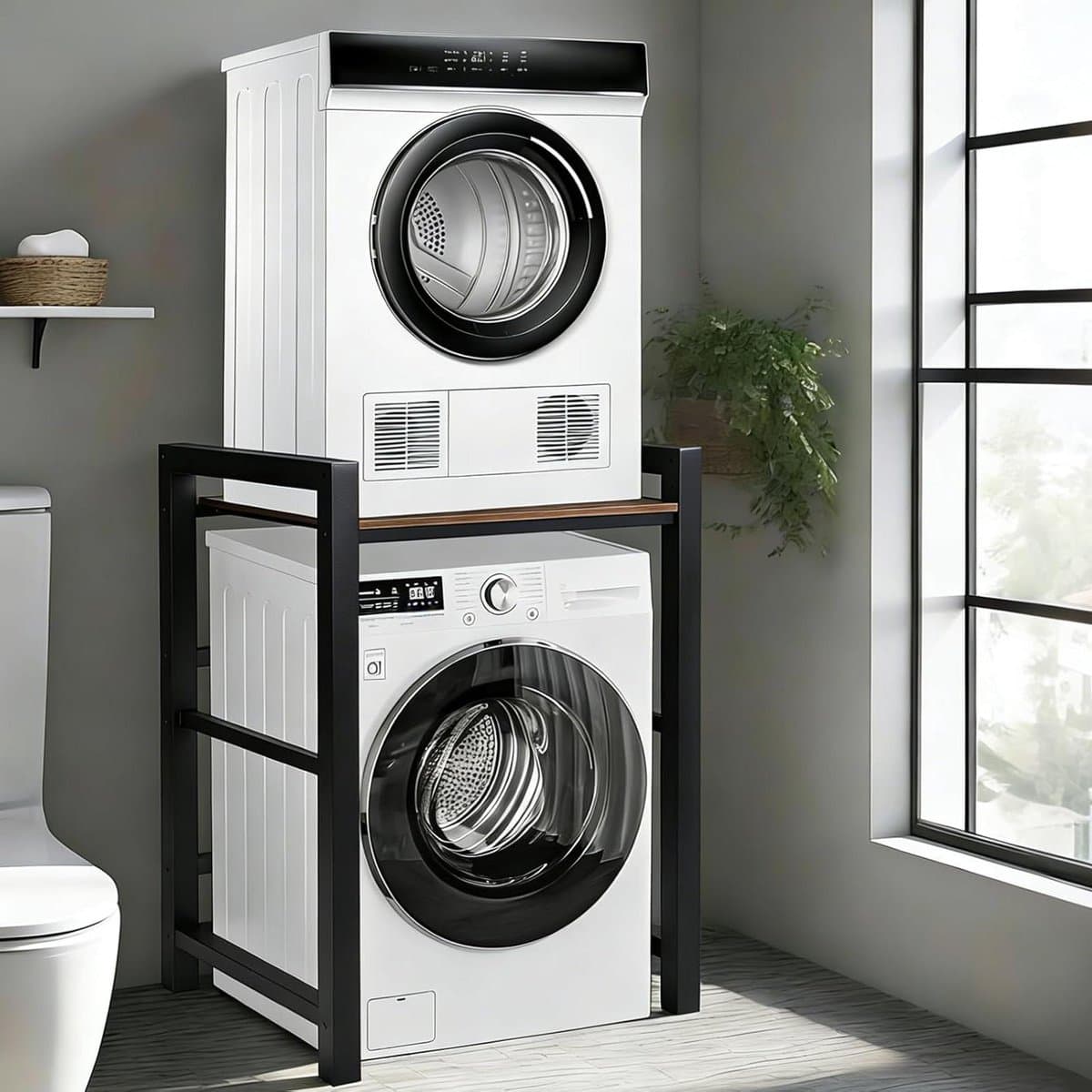 wasmachine en droger boven elkaar, wasmachine-onderstel, opbergrek boven de wasmachine, wasmachinekast, draagvermogen 350 kg, opbergrek voor bijkeuken (zwart, 75 x 65 x 105 cm) — afbeelding 1