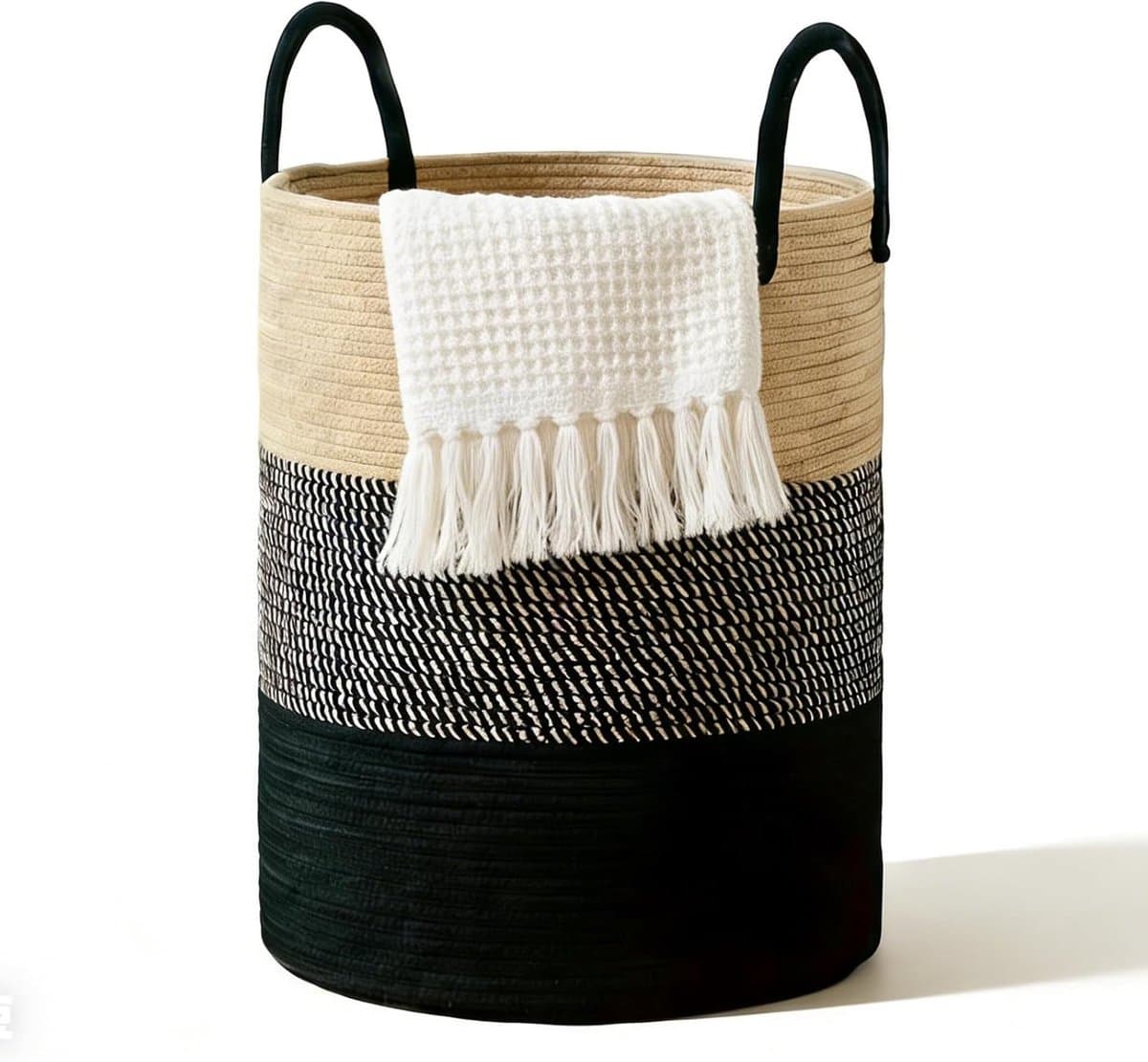 Gevlochten wasmand met handvat, rond en groot 38 x 50 cm, ideaal voor dekens, speelgoed en wasverzameling in woonkamer of wasruimte (driekleurig) — afbeelding 1