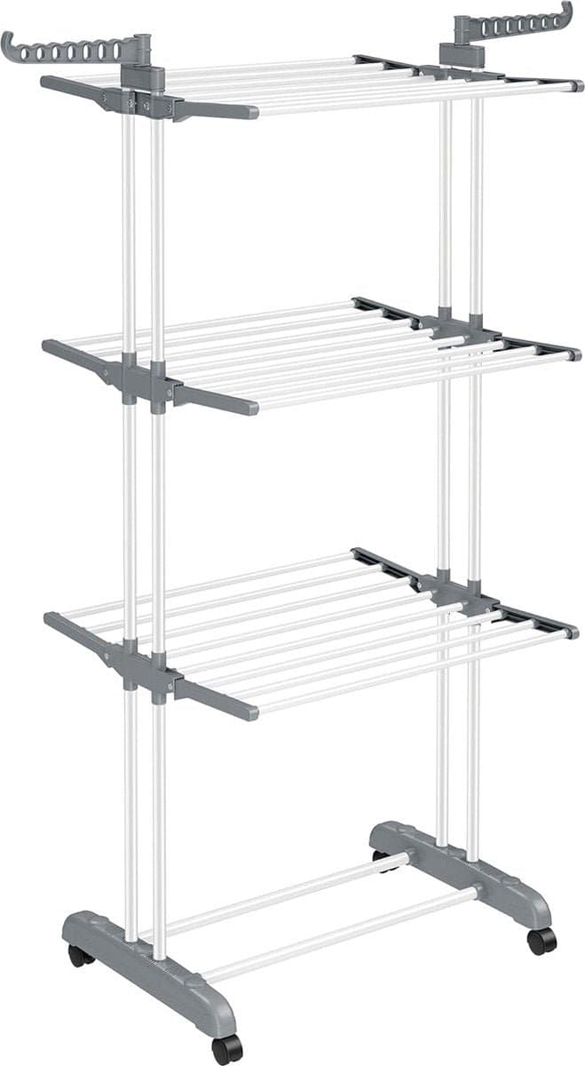 Droogrek - Staand droogrek - 4 niveaus - Vleugelwasrek - Opvouwbare vleugels - Met wielen - 64 x 126 x 172 cm - Grijs — afbeelding 1