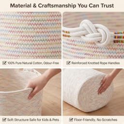 Opbergmand, 50 x 35 cm, katoenen touw, wasmand met knoophandgrepen, XXL dekmand en wasverzamelaar voor woonkamer, speelgoedmand voor kinderkamer, pastelregenboog, kleurrijk — thumbnail 5