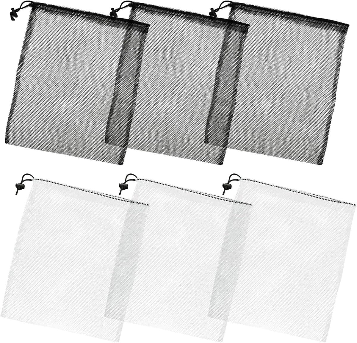 Ademende waszakken en opbergzakken, 3 zwarte en 3 witte, 35 x 40 cm, ideaal voor speelgoed, strand en winkelen, met trekkoord en multifunctioneel gebruik — afbeelding 1