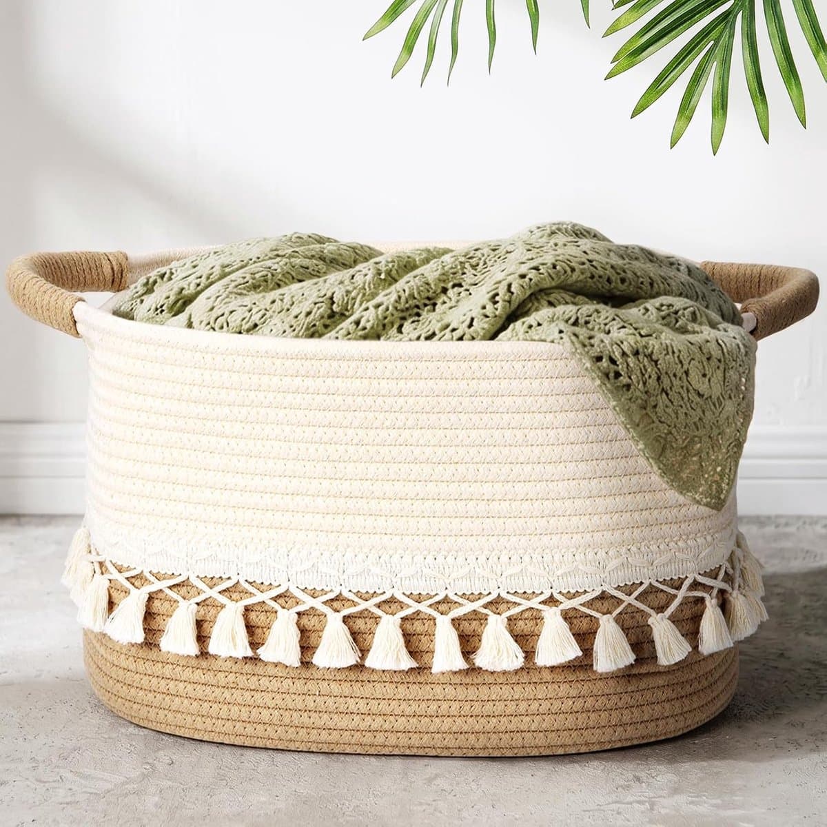 Kleine Opslagmanden met Kwastjes, Wasmand voor Speelgoed voor Slaapkamer, Woonkamer, Baby Kamer, Rechthoekige Katoenen Geweven Mand voor Speelgoed, Dekens, Vuil Wasgoed, 38x26x22 cm — afbeelding 1