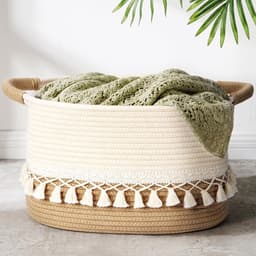 Kleine Opslagmanden met Kwastjes, Wasmand voor Speelgoed voor Slaapkamer, Woonkamer, Baby Kamer, Rechthoekige Katoenen Geweven Mand voor Speelgoed, Dekens, Vuil Wasgoed, 38x26x22 cm — thumbnail 1