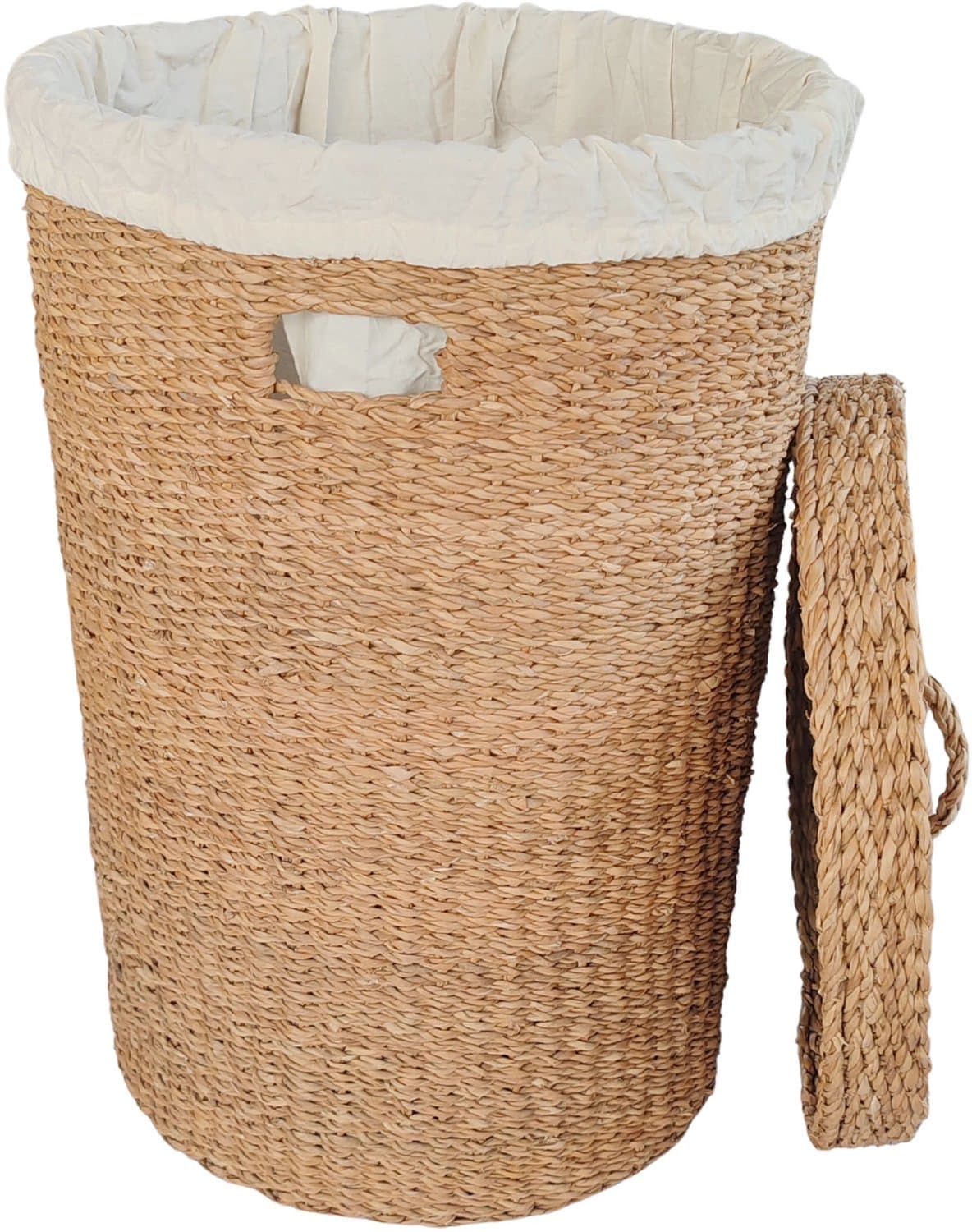 Ronde wasmand met deksel – zeegras – 75 liter – met waszak – naturel — afbeelding 1