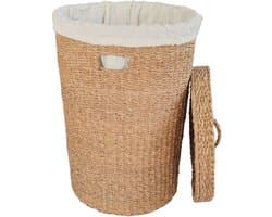 Ronde wasmand met deksel – zeegras – 75 liter – met waszak – naturel