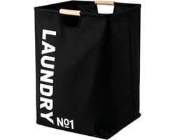 Wasmand, zwart, 50 x 40 x 30 cm, opvouwbaar en waterdicht, van Oxford-stof met houten handgrepen, grote capaciteit, elegante wasmand voor badkamer, slaapkamer en huis