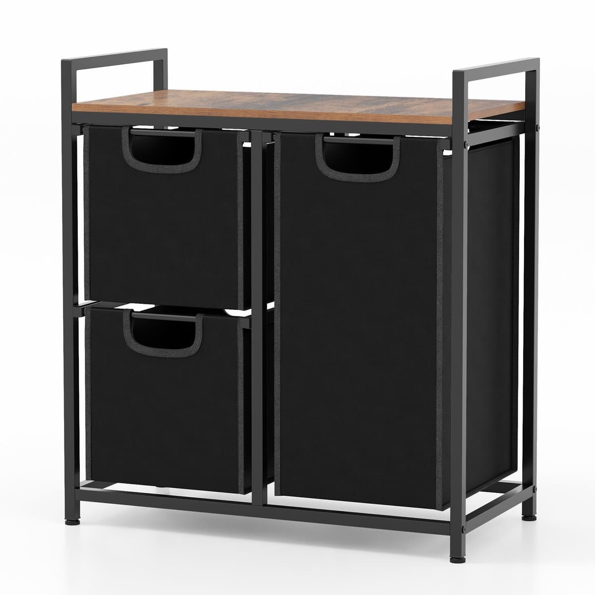 COSTWAY Wasmand met 3 vakken, wasmand met plank, 75 liter, wassorteerder met 3 afneembare zakken en metalen frame, uittrekbare wasmand voor waskeuken, badkamer, slaapzaal (3 vakken) — afbeelding 1
