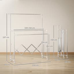 Opvouwbaar droogrek voor binnenshuis met 3 verstelbare stangen en 4 wieltjes, 104-150 x 103 x 145-197 cm, zilverkleurig — thumbnail 4