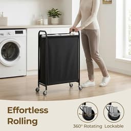 PolkaHome 80L slanke wasmand met wielen, stoffen rollende wasmand, smalle kledingorganizer, hoge mand voor kast, wasruimte, badkamer, zwart — thumbnail 3