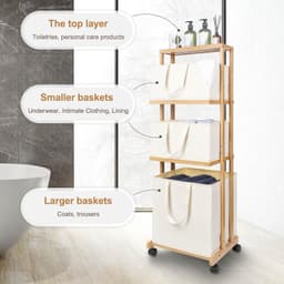 Wasmand 3-laags bamboe opbergplank met wielen verwijderbare opbergmand met handvat vrijstaande kledingmand organizer voor badkamer woonkamer slaapkamer (natuurlijk) — thumbnail 2