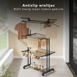 Inklapbaar Wasrek - Droogtoren - Kleding Droogrek - Staal en Kunststof - 75x64x178 cm - Met Wieltjes - Zwart - Inclusief EBOOK — thumbnail 3