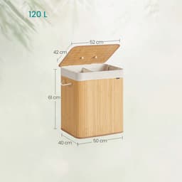 Wasmand, sorteermand met twee vakken, 50x40x61cm, natuurlijke houtkleur, grote capaciteit 120L, bamboe frame draagvermogen 15kg, met afneembare wasbare binnenzak en katoenen handgrepen, opvouwbaar ontwerp voor eenvoudige opslag — thumbnail 2