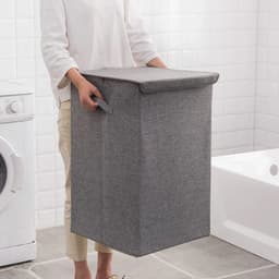 Wasmand met dubbel compartiment – ​​100 liter – Wasmand met deksel – Uitneembare waszak – Opvouwbare opbergmand – Kledingrek – Verdikt katoenlinnen – 40*40*63 cm – Grijs — thumbnail 2
