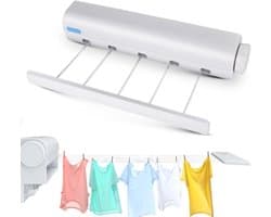 longziming -Uitschuifbare Waslijn Wandmontage – Intrekbare Waskabel 3,75 m met 5 Lijnen – Ruimtebesparende Drooglijn voor Badkamer, Balkon en Wasruimte – Wandwaslijn met Automatisch Rolmechanisme