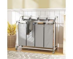 COVREO Wassorteerder 97x38x81 cm - 4 vakken, 160 L, uitneembare waszakken, met wielen, grijs