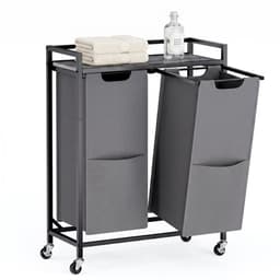 Wasmand met 2 compartimenten - Rolwagen met plank en vakken - Wasmand voor huishoudelijk gebruik - 63 x 32 x 93 cm - Zwartgrijs — thumbnail 2