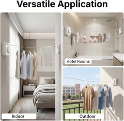 5,1 m waslijn, uittrekbaar, balkon, waslijn, wit, upgrade | Wandgemonteerde roestvrijstalen waslijn. Zwaar draagvermogen, niet doorhangt, voor balkon, badkamer, hotel, wasruimte — thumbnail 3
