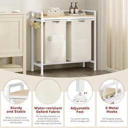 Wasmand met 2 vakken, 40 l/mand, met rek | Waszak van afneembare Oxford-stof, metalen frame, wit + licht eiken — thumbnail 3
