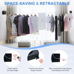 Uitschuifbare Waslijn - Intrekbare Kledinglijn - Kleding Drogen - Anti-doorzak Ontwerp - 48 Meter - Zwart — thumbnail 4